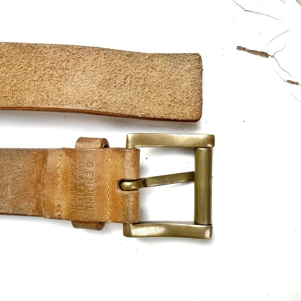 Vintage Nine West Cognac Leather Studded Belt Y2K Unisex Brass Punk Moto Western